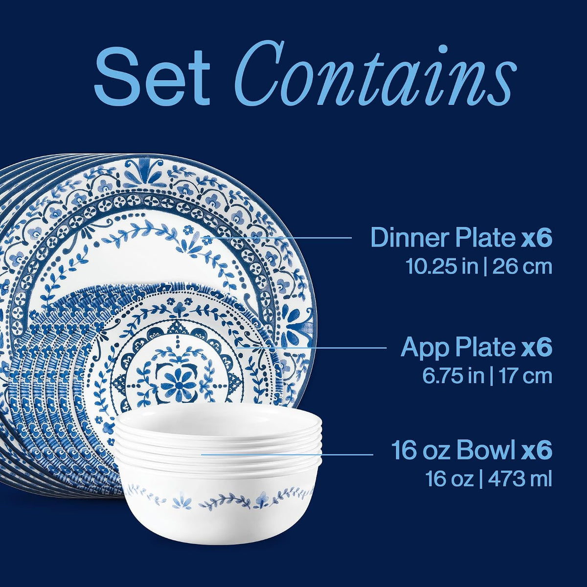 Corelle Vitrelle 18-Piece Service for 6 Dinnerware Set, Triple Layer Glass and Chip Resistant, Lightweight Round Plates and Bowls Set, Portofino