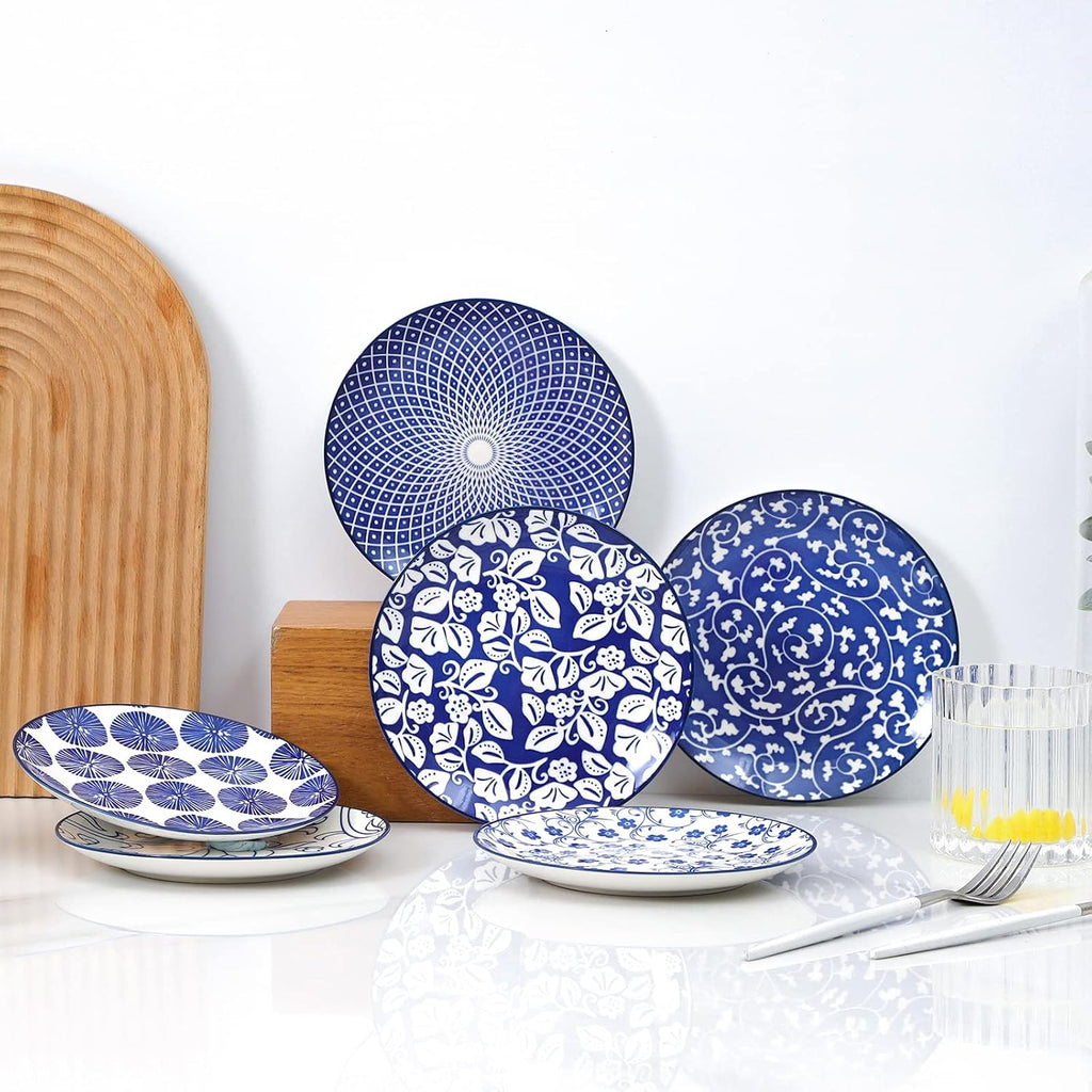 Selamica Ceramic Dessert Plates Set of 6, 6 Inch Small Plates, Vintage Blue