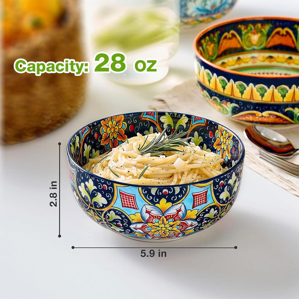 Meolibour Ceramic Cereal Bowls Set of 6, 28 oz Bohemian Soup Bowl, Colorful Bowls Set for Kitchen, Dessert Bowls for Salad, Pasta, Oatmeal, Ramen, Oatmeal, Fruit, Dishwasher & Microwave Safe