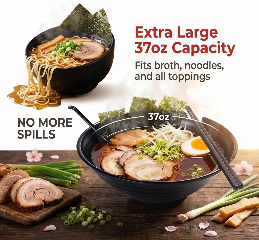 Unbreakable Japanese Style Ramen Bowl Set of 2, 37oz Black Large Matte Melamine Bowls and Spoons Set with Chopsticks & Saucers for Pho Thai Miso Udon Soup Noodles or Asian Food