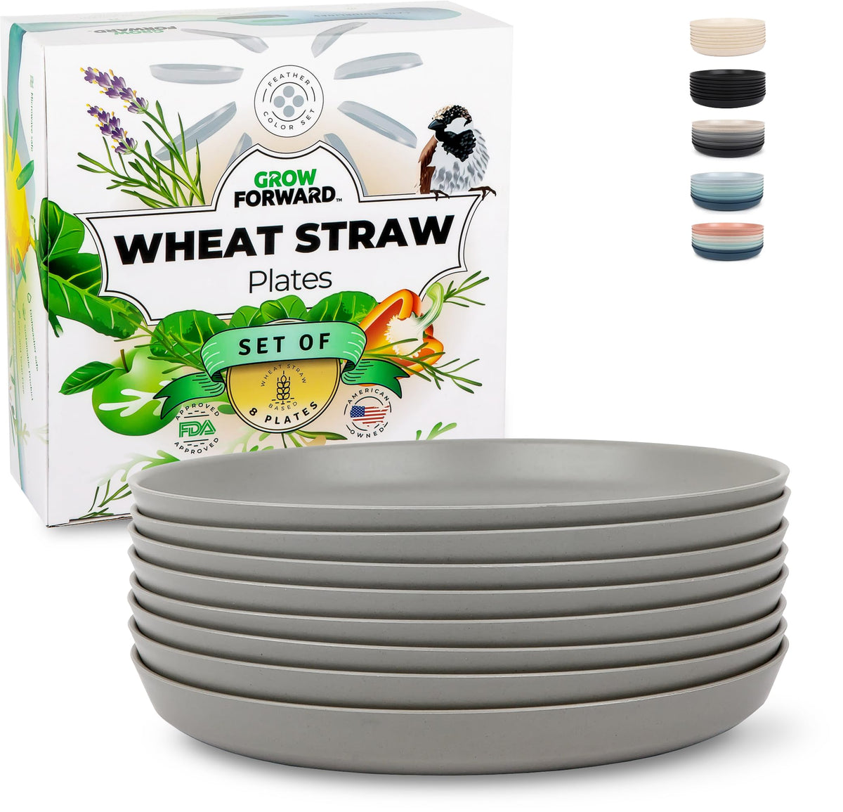 Grow Forward Premium Wheat Straw Plates - 8 Inch Reusable Hard Plastic Dinner Plates Set of 8 - Unbreakable Microwave Safe Plates for Dessert, Camping, RV, Outdoors, Patio, Kitchen Dishes - Sahara