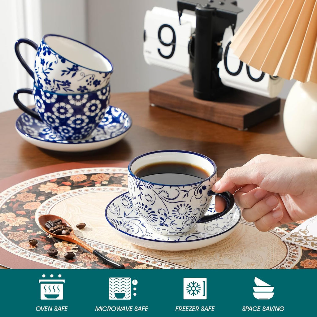 vancasso 8OZ Cappuccino Cups with Saucers, Porcelain Coffee Cups Set of 6
