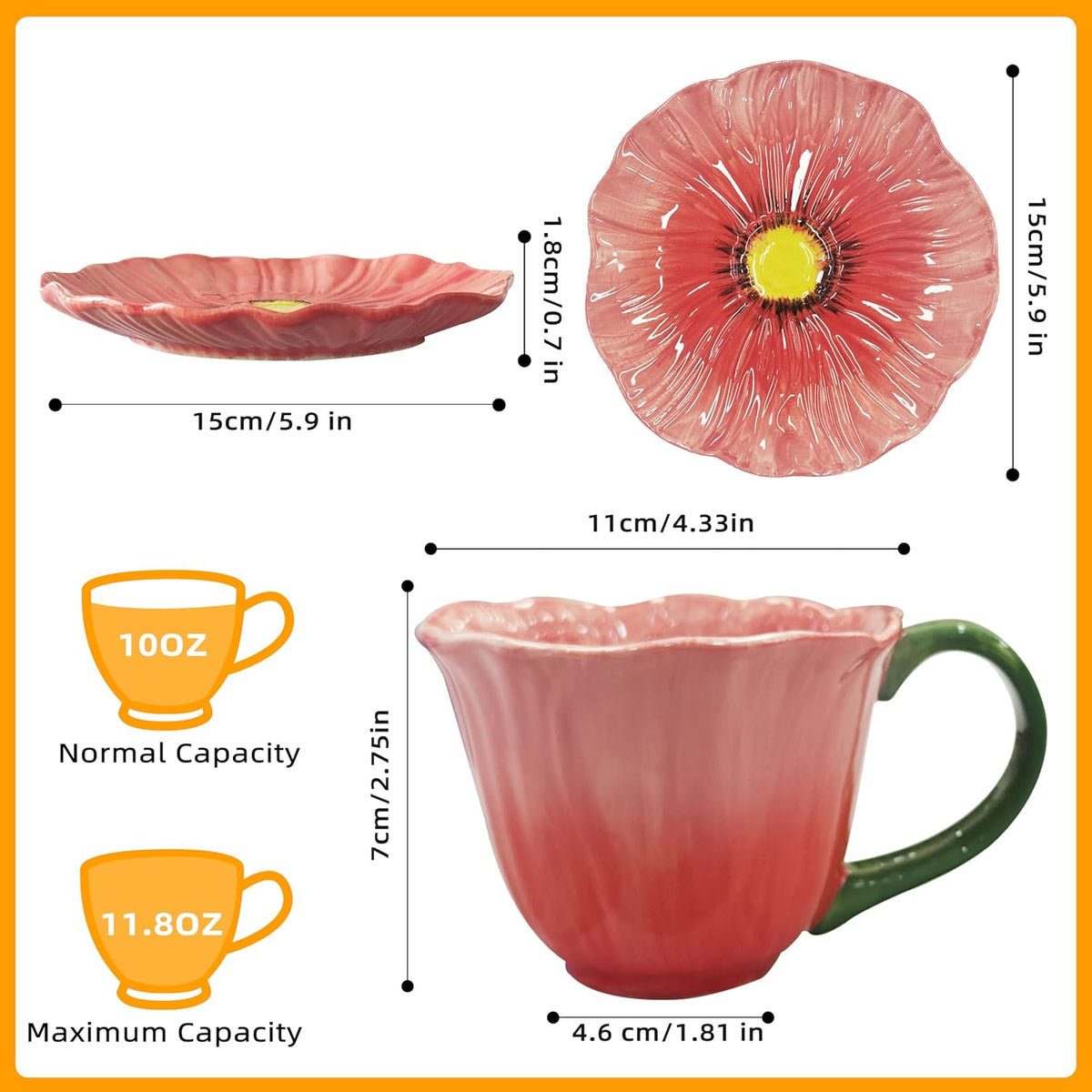 10 oz Tea Cups and Saucers, Ceramic Flower-shaped Cappuccino Cup, Latte Cup and Saucer set, elegant floral Espresso Cup set, Suitable for microwave and dishwasher-Red