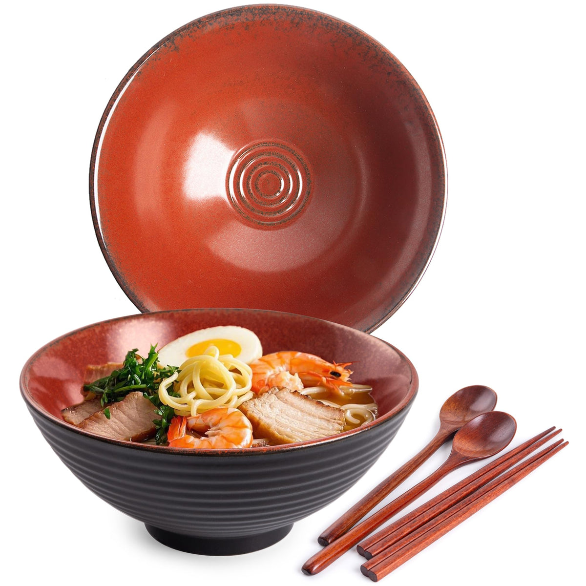 Ceramic Japanese Ramen Bowl Set, 2 Sets Asian Pho Udon Soup Noodle Bowls with Spoons and Chopsticks (Peacock Green, 8 inches)