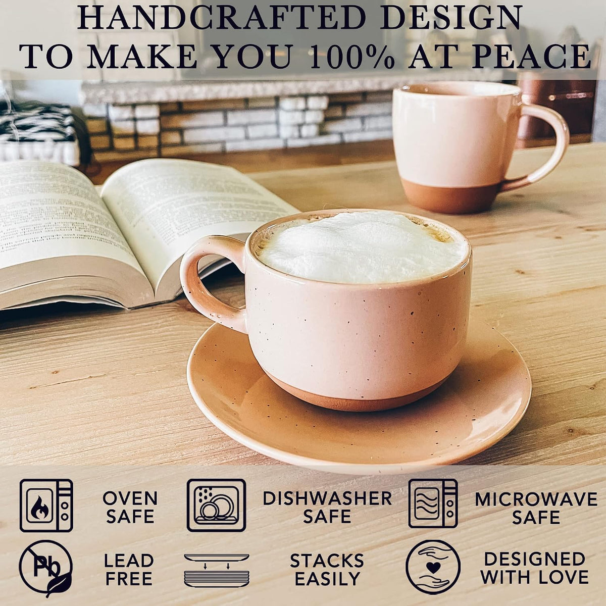 MORA Ceramics 8oz Cappuccino Mug Set of 4 - Ceramic Coffee Cups with Saucers - Microwave and Dishwasher Safe, Perfect For Tea, Espresso, Latte - Porcelain Mugs for Kitchen or Cafe - Assorted Neutrals