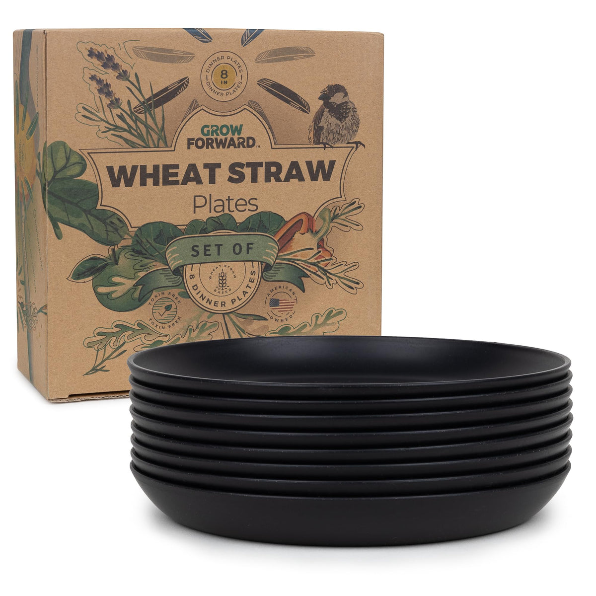 Grow Forward Premium Wheat Straw Plates - 8 Inch Reusable Hard Plastic Dinner Plates Set of 8 - Unbreakable Microwave Safe Plates for Dessert, Camping, RV, Outdoors, Patio, Kitchen Dishes - Sahara