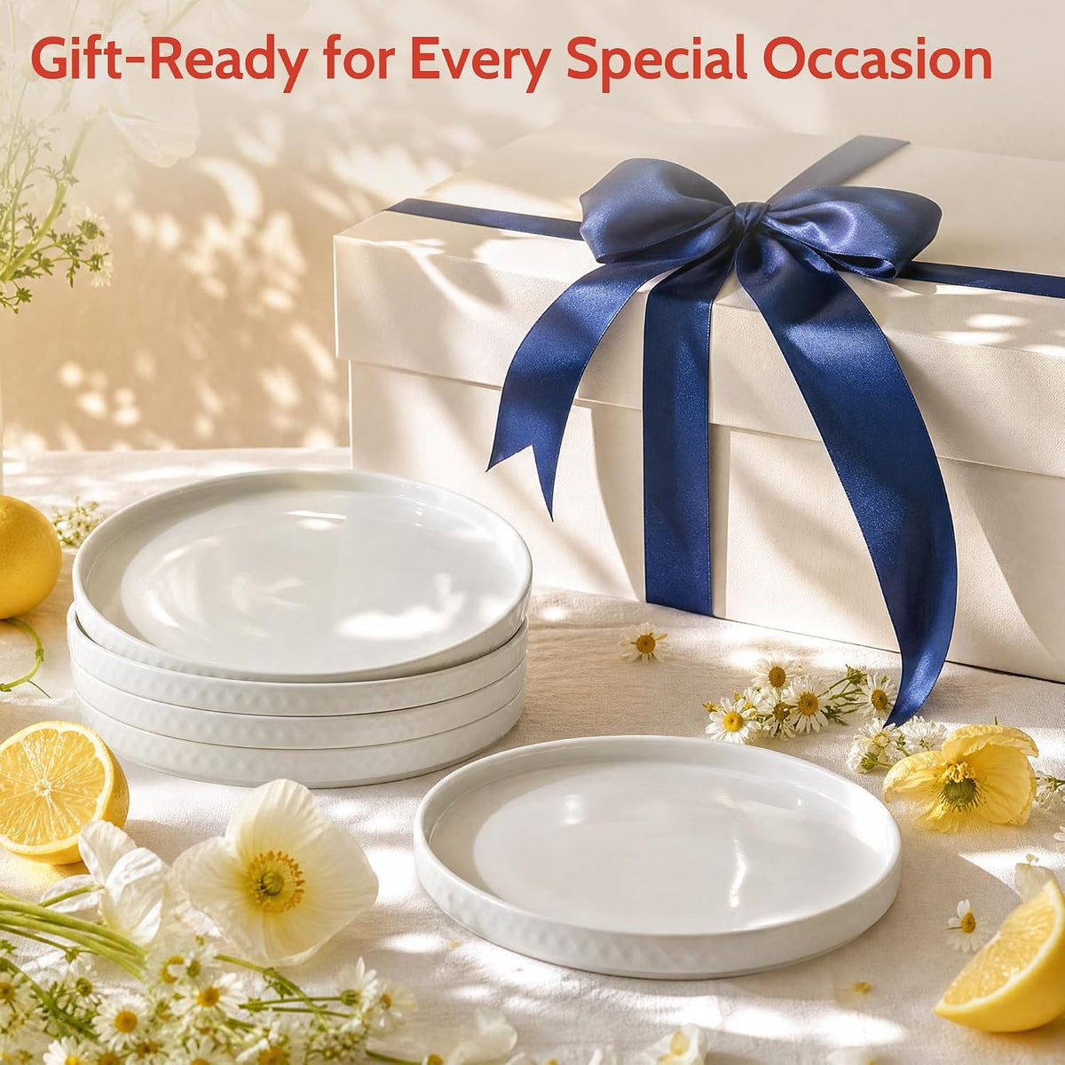 Sweese 10.5 Inch Porcelain Dinner Plates Set of 6, Elegant Plates, White