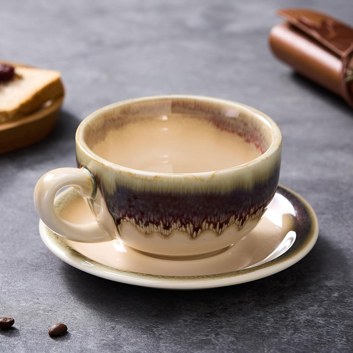 Coffeezone Vintage Design 12 oz Ceramic Latte Art Cappuccino Barista Cup with Saucer (Brown)