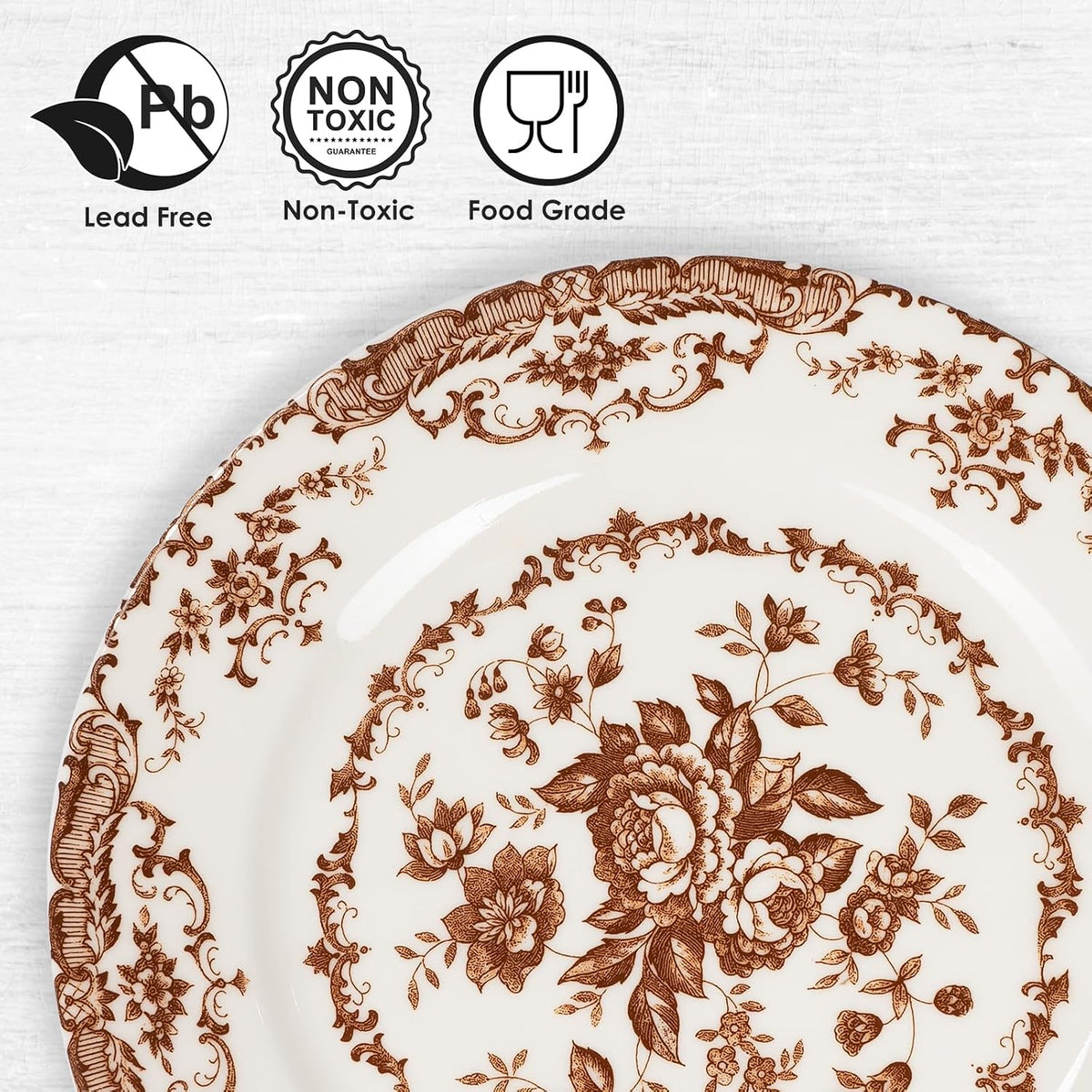 Salad Plates, 8.5 Inch Floral Plate, Brown, Ceramic, Set of 6