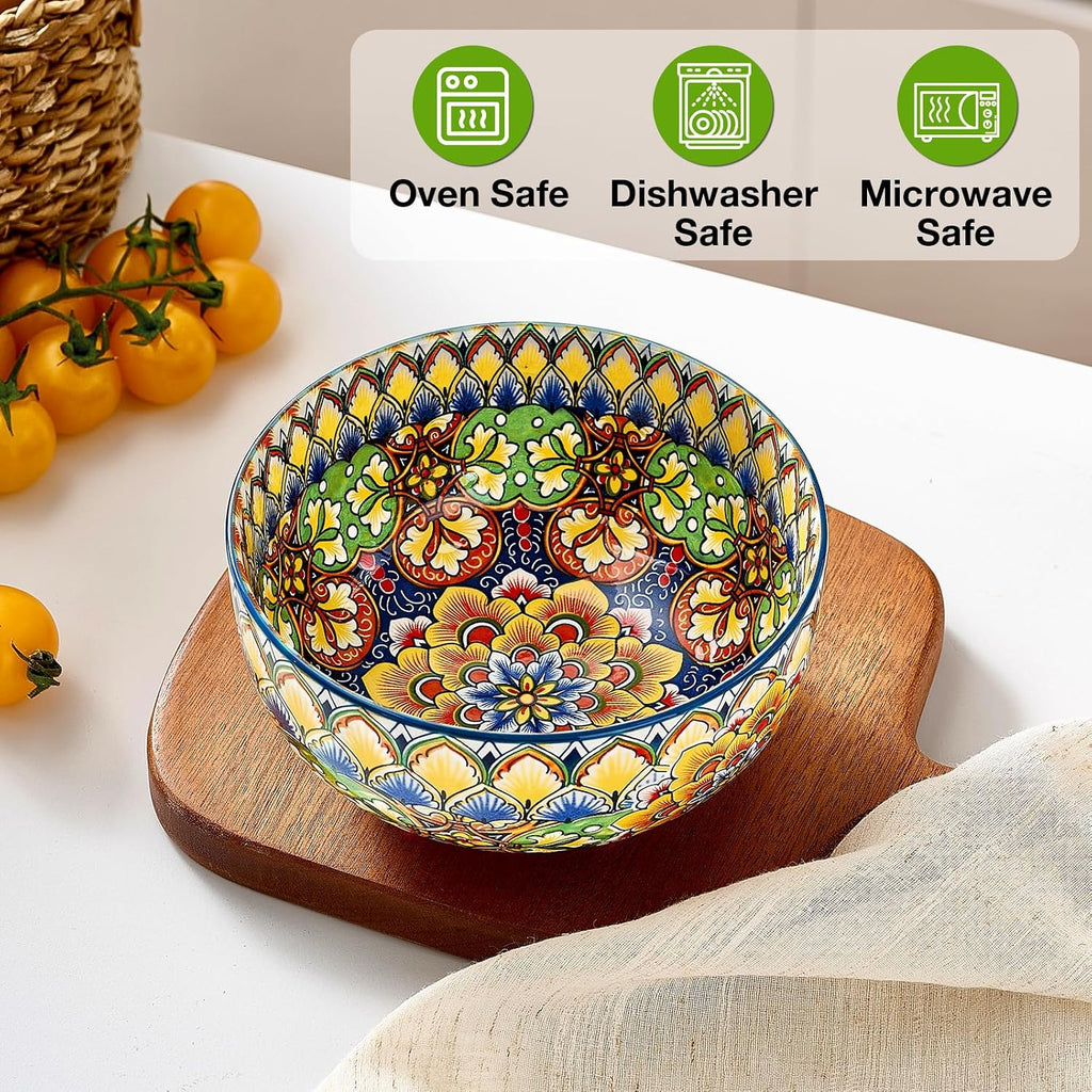 Meolibour Ceramic Cereal Bowls Set of 6, 28 oz Bohemian Soup Bowl, Colorful Bowls Set for Kitchen, Dessert Bowls for Salad, Pasta, Oatmeal, Ramen, Oatmeal, Fruit, Dishwasher & Microwave Safe