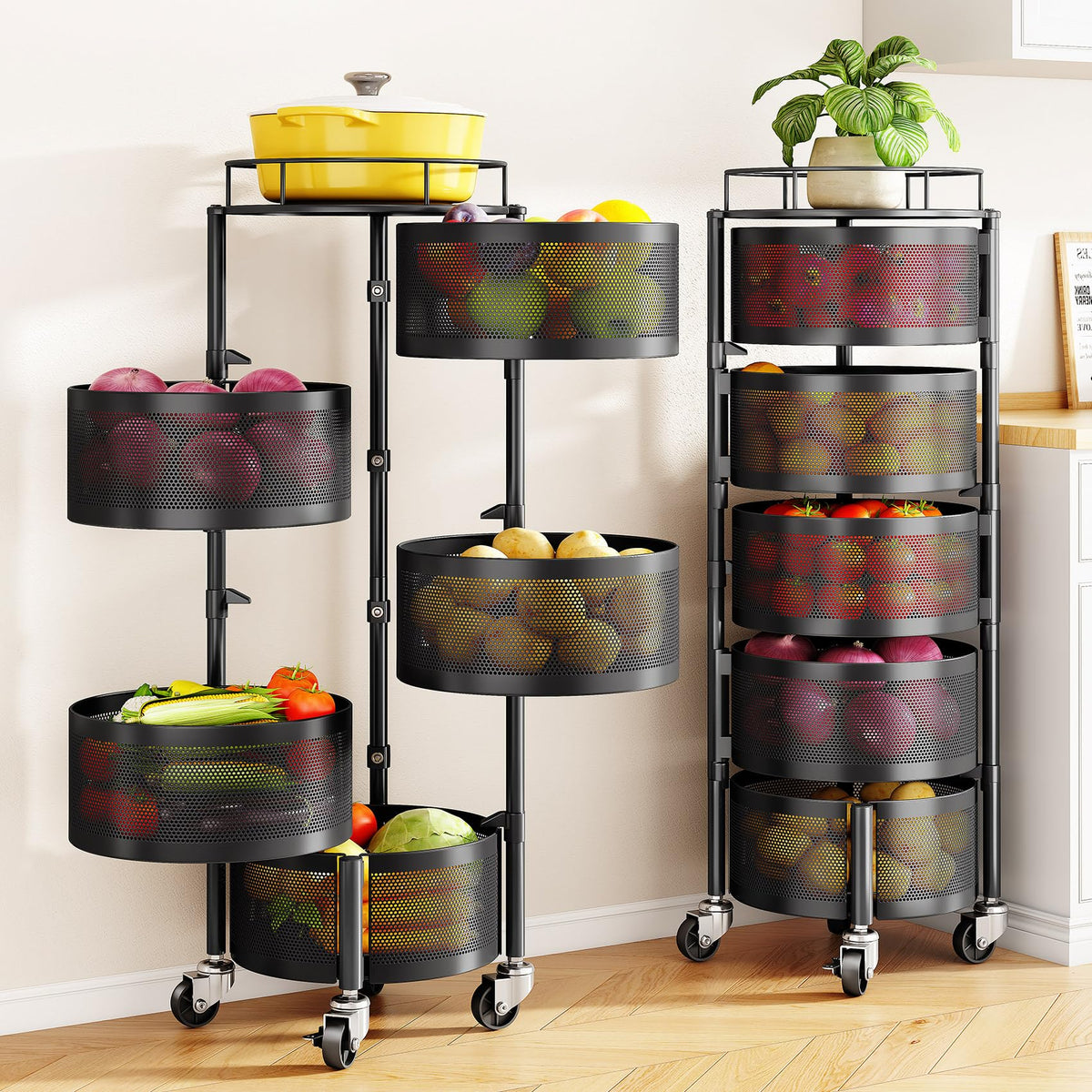 SNTD 5-Tier Fruit and Vegetable Basket Bowls for Kitchen, Rotating, Black