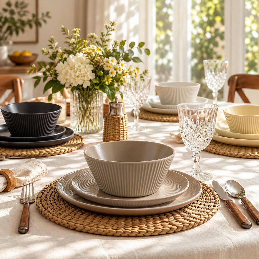 DOWAN 22 OZ Cereal Bowls Set of 4, Ceramic Soup Bowls for Cereal, Ramen, Oatmeal and Pasta, Fluted & Stackable Bowls, Microwave & Dishwasher Safe, Earth Tones