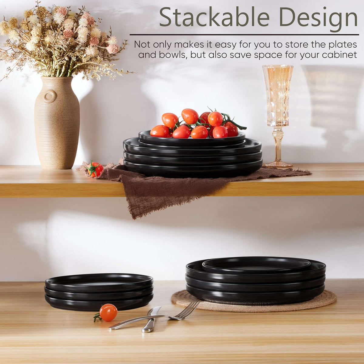 Herogo 4-Piece 10.43" Ceramic Stoneware Dinner Plates Set, Matte Black
