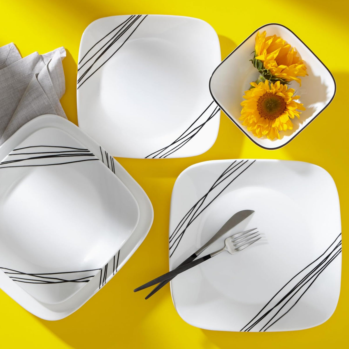 Corelle Vitrelle 18-Piece Service for 6 Dinnerware Set Triple Layer Glass and Chip Resistant, Lightweight Square Plates and Bowls Set, Simple Sketch