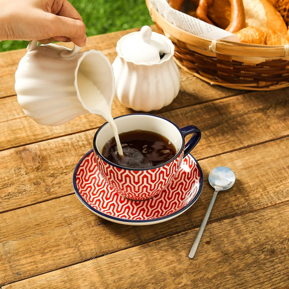KitchenTour Espresso Cups and Saucers set, 6-pack,7oz - Cappuccino Cups with handle set of 6 - Teacup for Tea Party Bohemia style