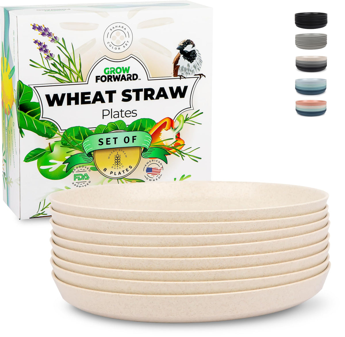 Grow Forward Premium Wheat Straw Plates - 8 Inch Reusable Hard Plastic Dinner Plates Set of 8 - Unbreakable Microwave Safe Plates for Dessert, Camping, RV, Outdoors, Patio, Kitchen Dishes - Sahara