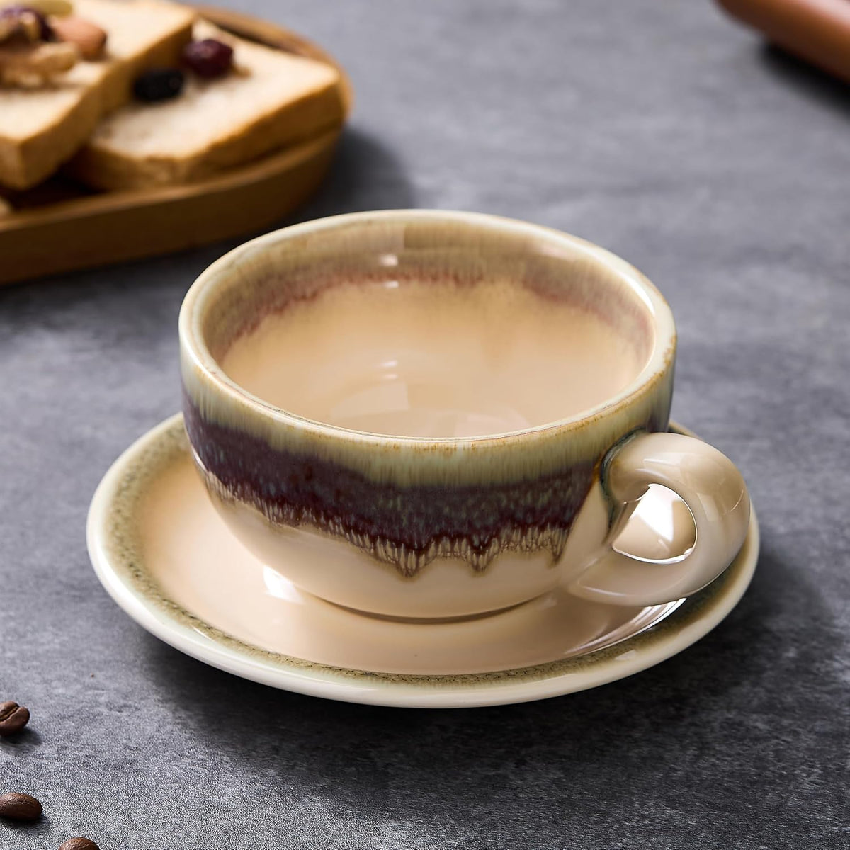 Coffeezone Vintage Design 12 oz Ceramic Latte Art Cappuccino Barista Cup with Saucer (Brown)