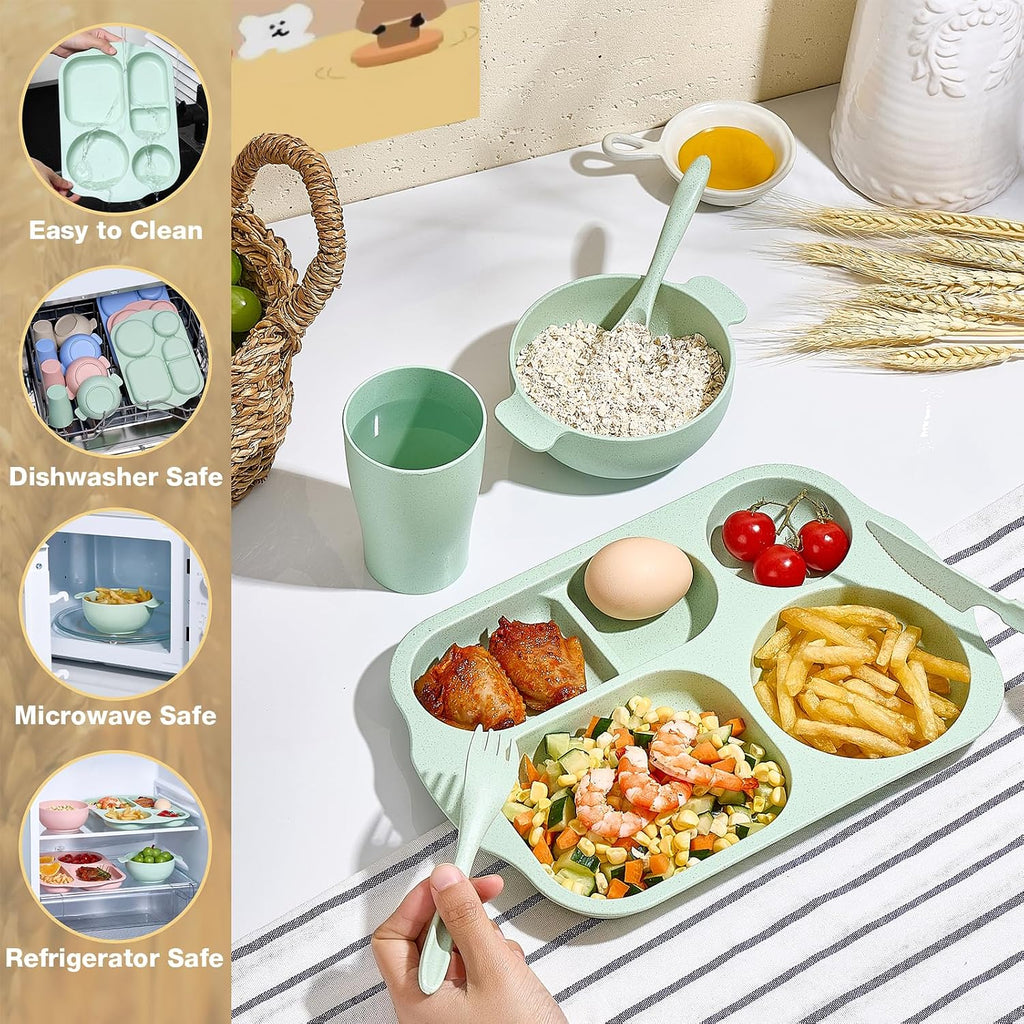 Hlukana 24 Pcs Wheat Straw Dinnerware Cutlery Set, Unbreakable Tableware Set, Including Kids Toddlers Divided Plates, Bowls, Cup, Cutlery Spoons Knifes Forks, BPA Free, Microwave Dishwasher Safe
