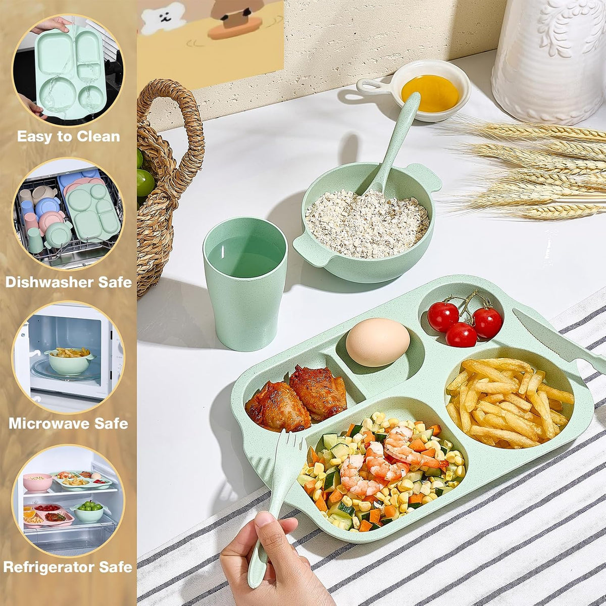Hlukana 24 Pcs Wheat Straw Dinnerware Cutlery Set, Unbreakable Tableware Set, Including Kids Toddlers Divided Plates, Bowls, Cup, Cutlery Spoons Knifes Forks, BPA Free, Microwave Dishwasher Safe