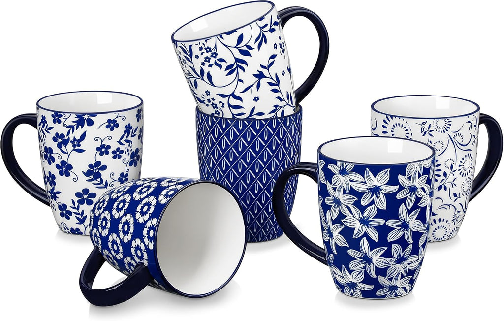 vancasso SELENE Large Coffee Mugs Set of 6, 16 Oz Porcelain Coffee Cups with Handle, Ceramic Tea Cup for Cappuccino, Latte, Tea, Cocoa, Dishwasher & Microwave Safe Gift Sets, Vintage Blue