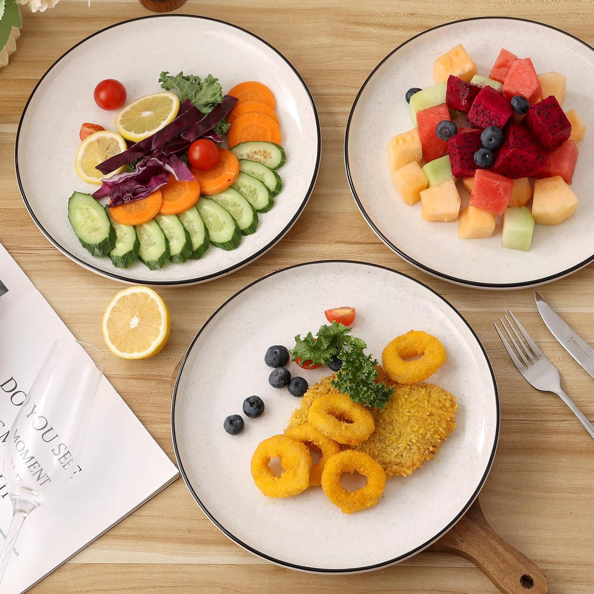 Ceramic White Dinner Plates Set of 6, 10.5 Inch Plates for Kitchen, Microwave Oven and Dishwasher Safe, Modern Dishes Set for Pasta,Steak, Dessert, Salad