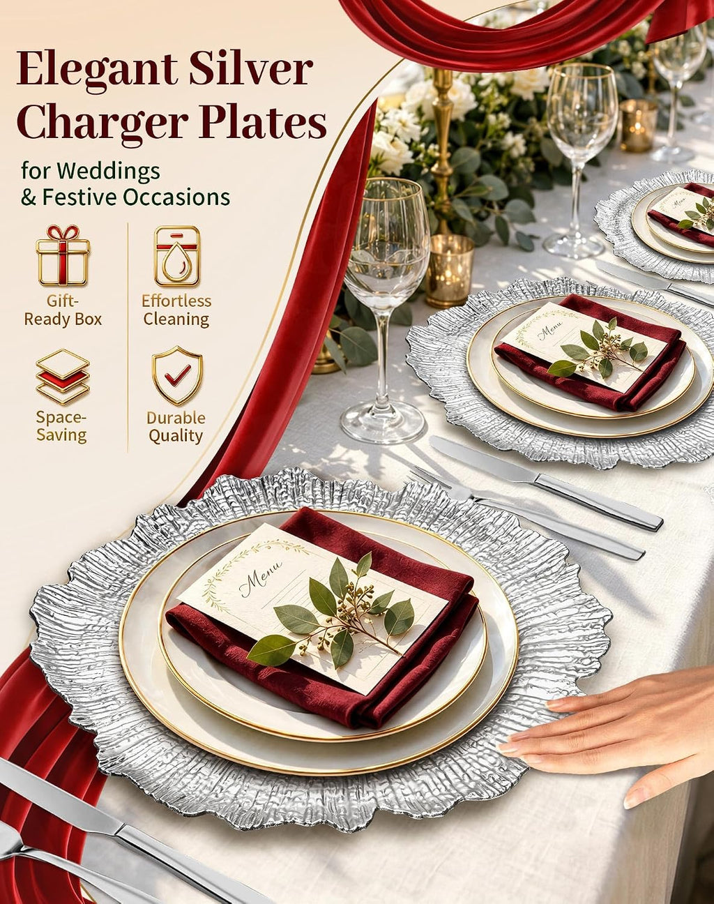 Silver Charger Plates Bulk 100Pcs, 13" Reef Chargers for Wedding