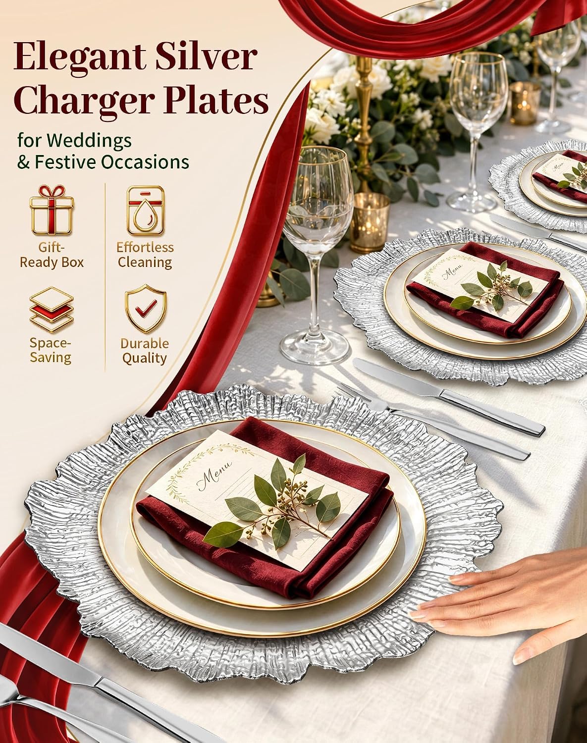 Silver Charger Plates Bulk 100Pcs, 13" Reef Chargers for Wedding