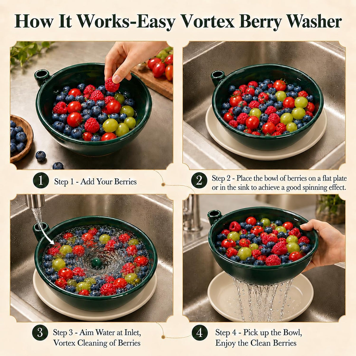 Self Spinning Berry Washing Bowl Ceramic with Drain Holes, Automatic 360° Hydro-Vortex Fruit Washer Bowl, Ceramic Fruit Washing Bowl and Colander Basket for Berries, Small Produce, Table Serving