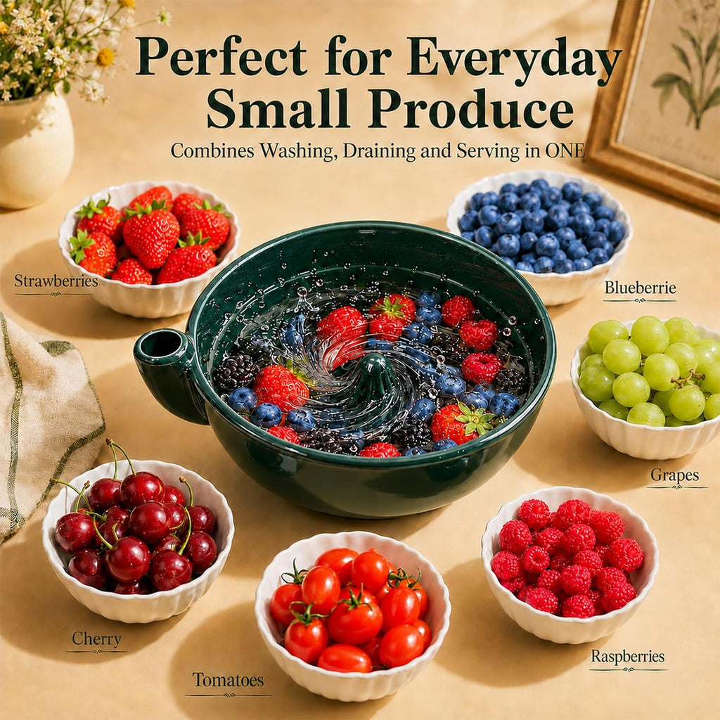 Self Spinning Berry Washing Bowl Ceramic with Drain Holes, Automatic 360° Hydro-Vortex Fruit Washer Bowl, Ceramic Fruit Washing Bowl and Colander Basket for Berries, Small Produce, Table Serving