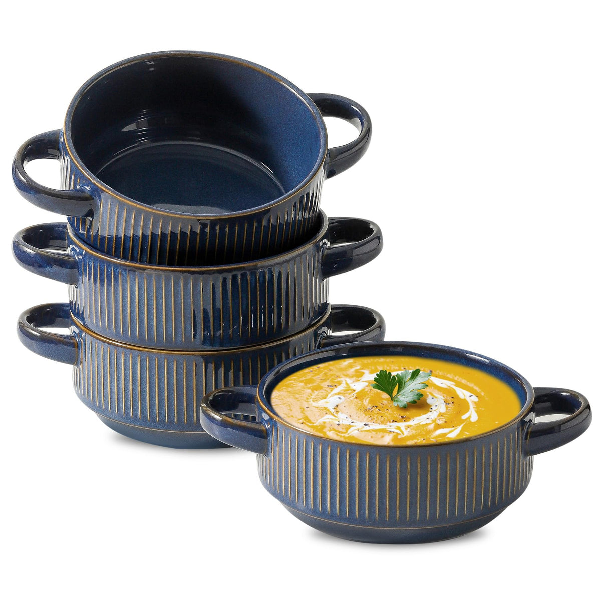 Soup Bowls with Handles, 23 oz French Onion Soup Crocks, Stackable Soup Bowl Oven Safe for Chili, Beef Stew, Embossment Ceramic Bowl Set - 5.4 Inch, Set of 4,Black