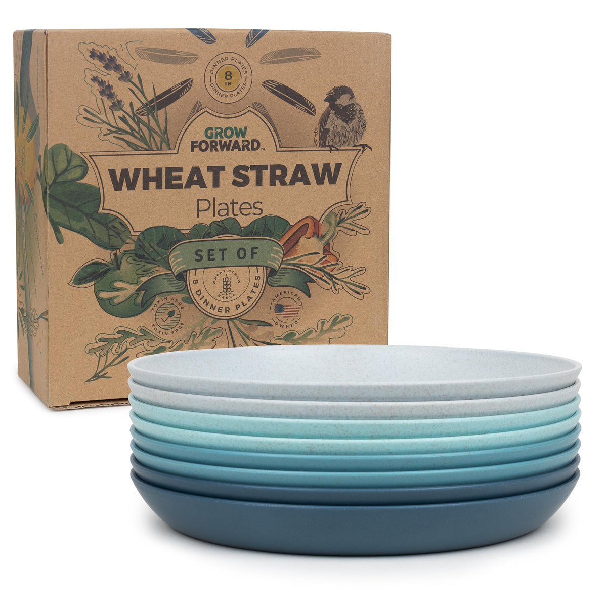 Grow Forward Premium Wheat Straw Plates - 8 Inch Reusable Hard Plastic Dinner Plates Set of 8 - Unbreakable Microwave Safe Plates for Dessert, Camping, RV, Outdoors, Patio, Kitchen Dishes - Sahara