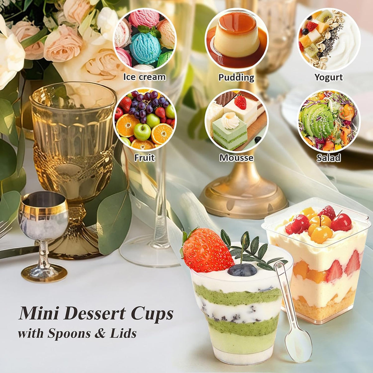 450-Pack 5oz Plastic Dessert Cups with Lids & Spoons, Mini Dessert Shooter Cups for Party, Clear Yogurt Parfait Appetizer Cups with Lids, Square Appetizer Cups for Ice Cream, Pudding, Fruit