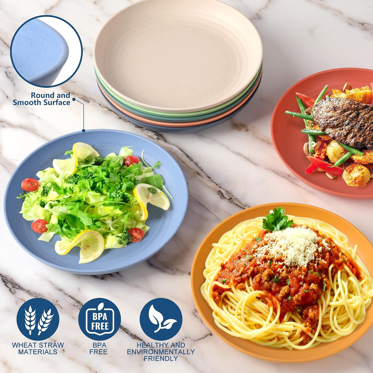 HOTEC 8-Pack 8inch Deep Plastic Plates,Multicolor