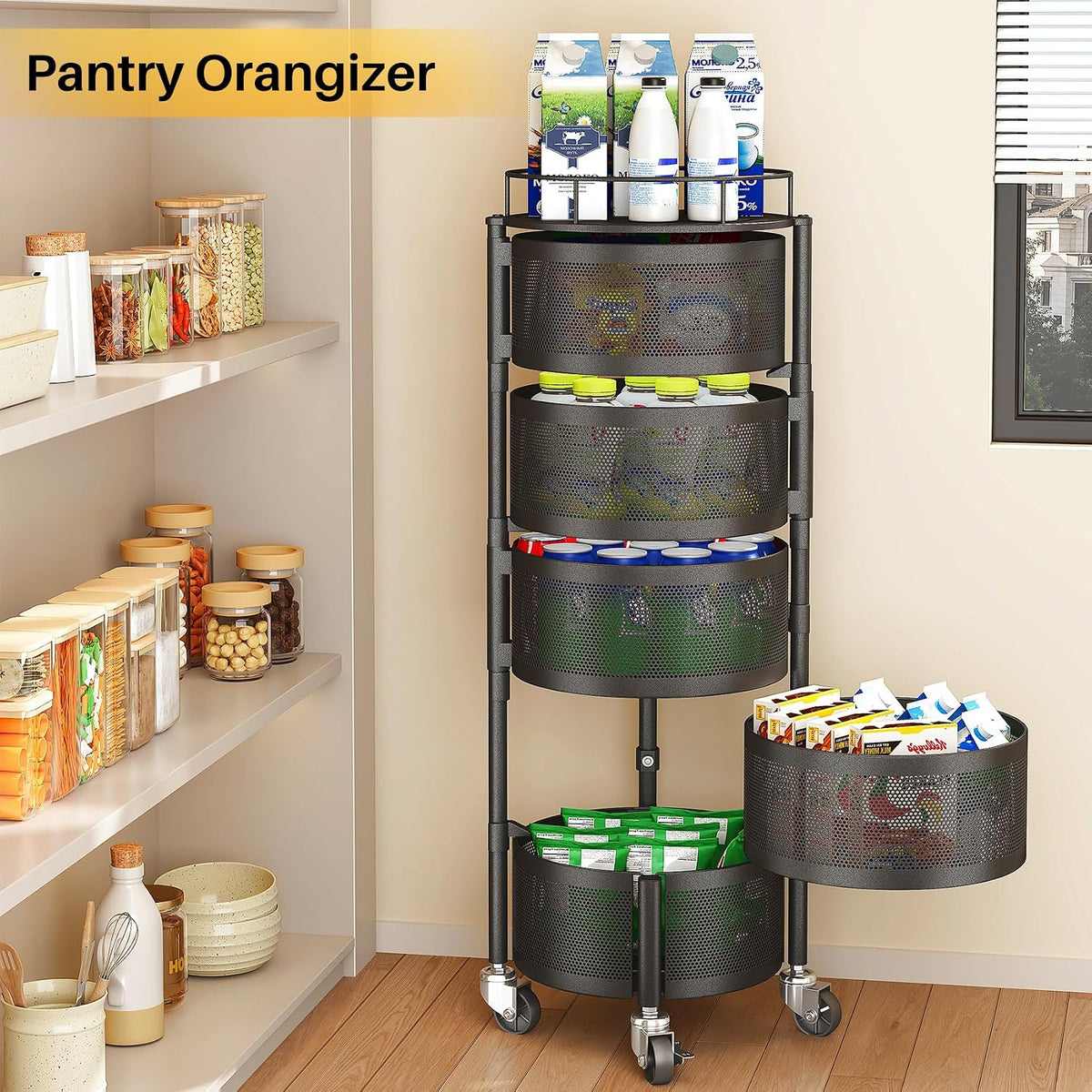 SNTD 5-Tier Fruit and Vegetable Basket Bowls for Kitchen, Rotating, Black