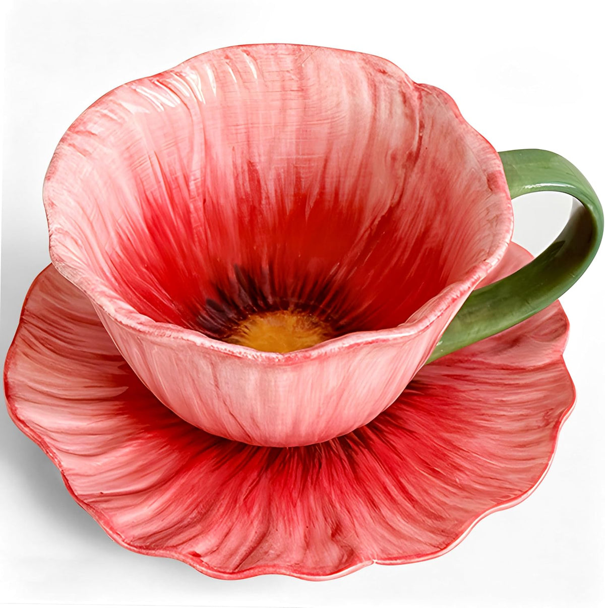 10 oz Tea Cups and Saucers, Ceramic Flower-shaped Cappuccino Cup, Latte Cup and Saucer set, elegant floral Espresso Cup set, Suitable for microwave and dishwasher-Red