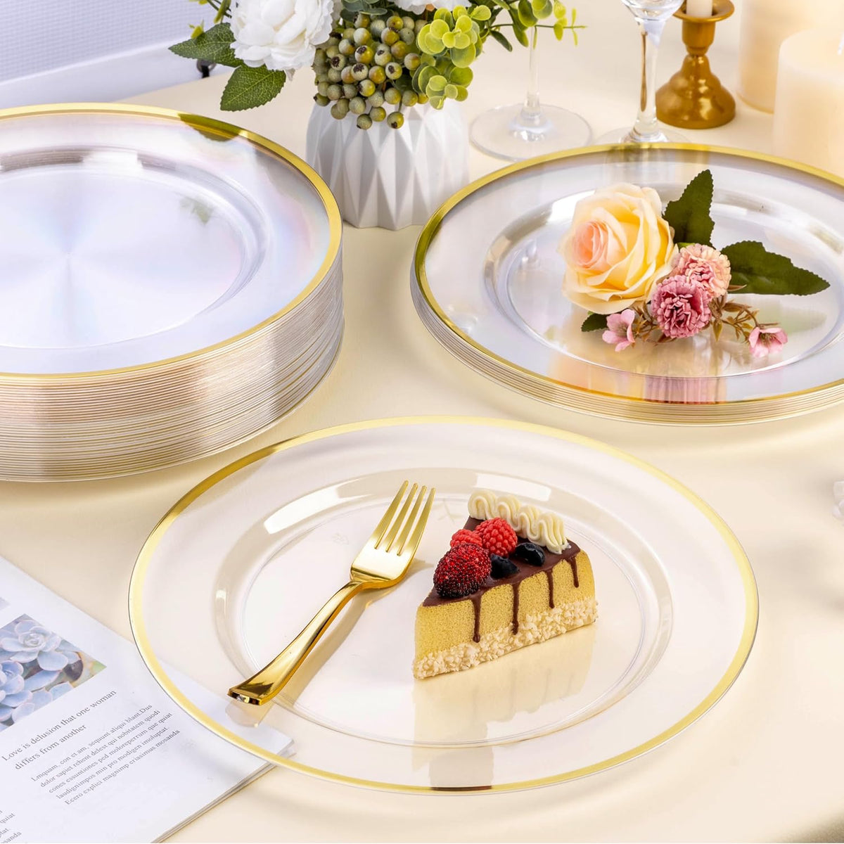 BESTSTAR 50 Pack 12 Inch Clear Charger Plates with Gold Rim
