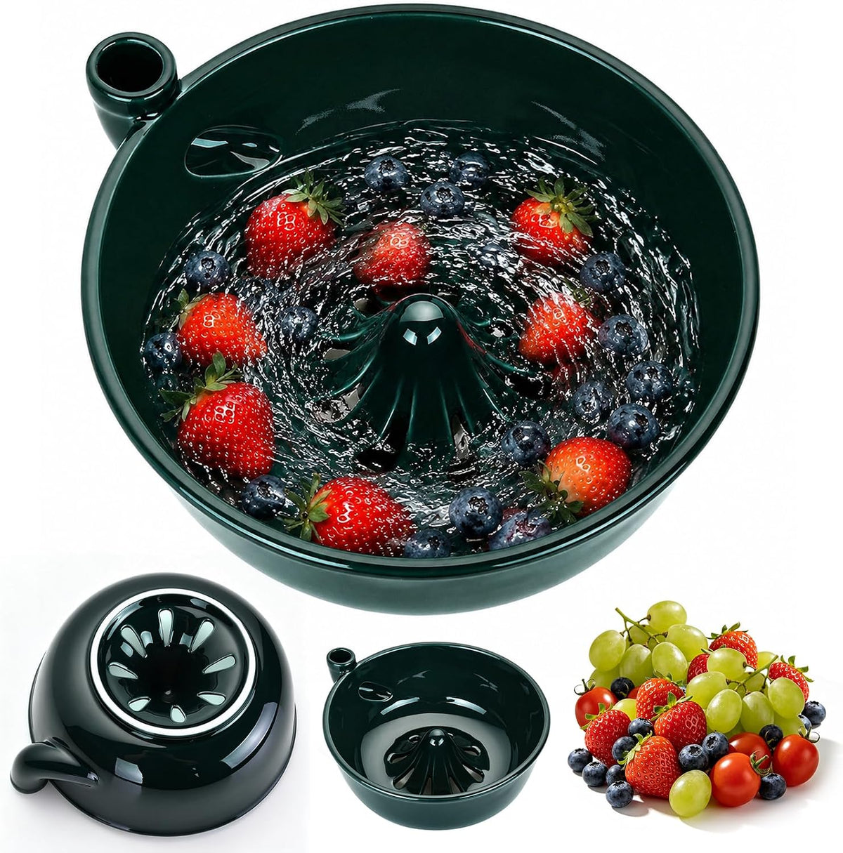 Ceramic Berry Washing Bowl with Auto-Spin Swirl Drainage