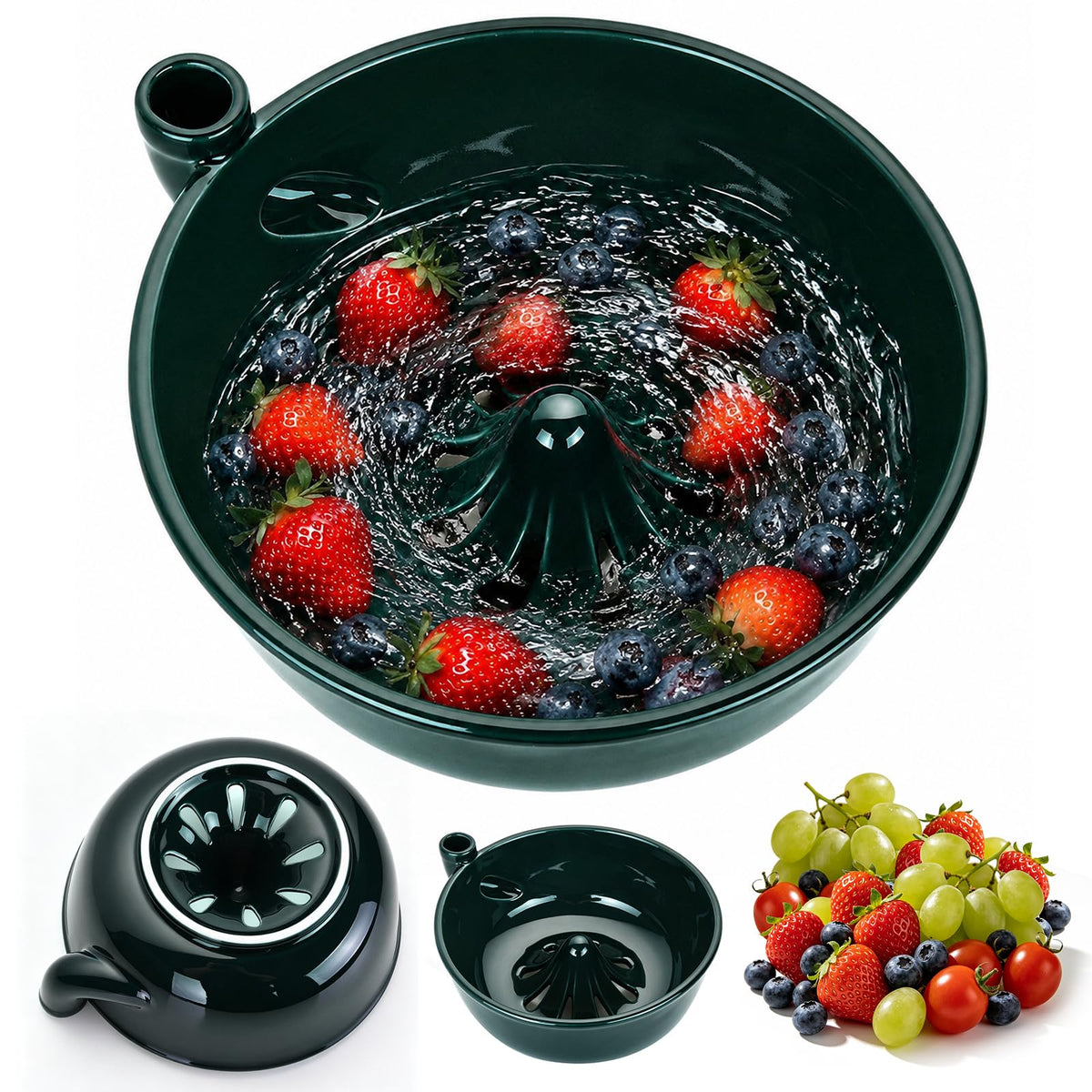 Ceramic Berry Washing Bowl with Auto-Spin Swirl Drainage