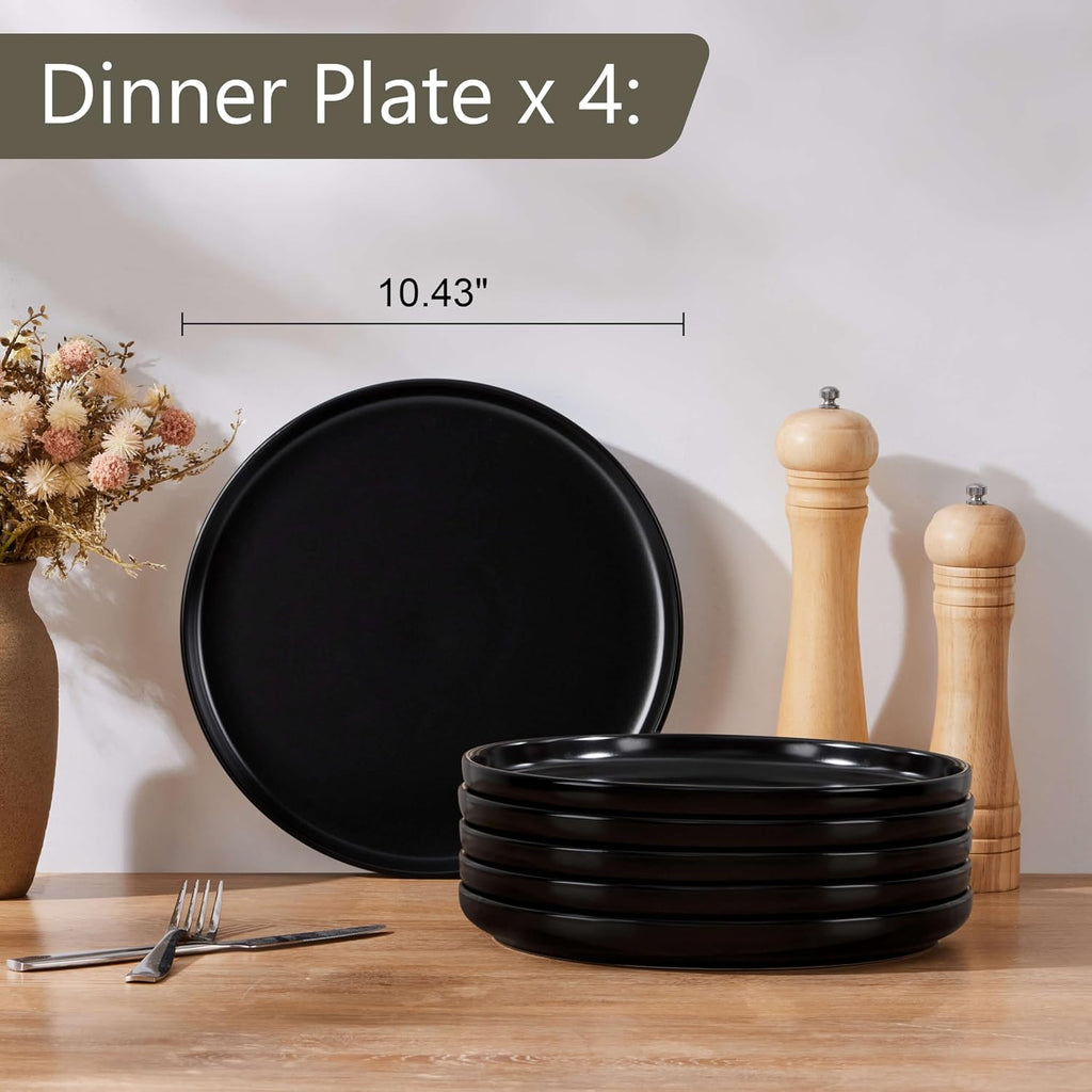 Herogo 4-Piece 10.43" Ceramic Stoneware Dinner Plates Set, Matte Black