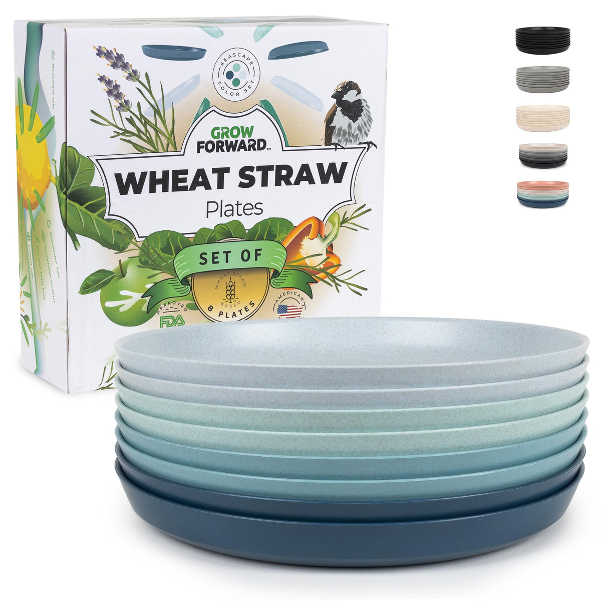 Grow Forward Premium Wheat Straw Plates - 8 Inch Reusable Hard Plastic Dinner Plates Set of 8 - Unbreakable Microwave Safe Plates for Dessert, Camping, RV, Outdoors, Patio, Kitchen Dishes - Sahara