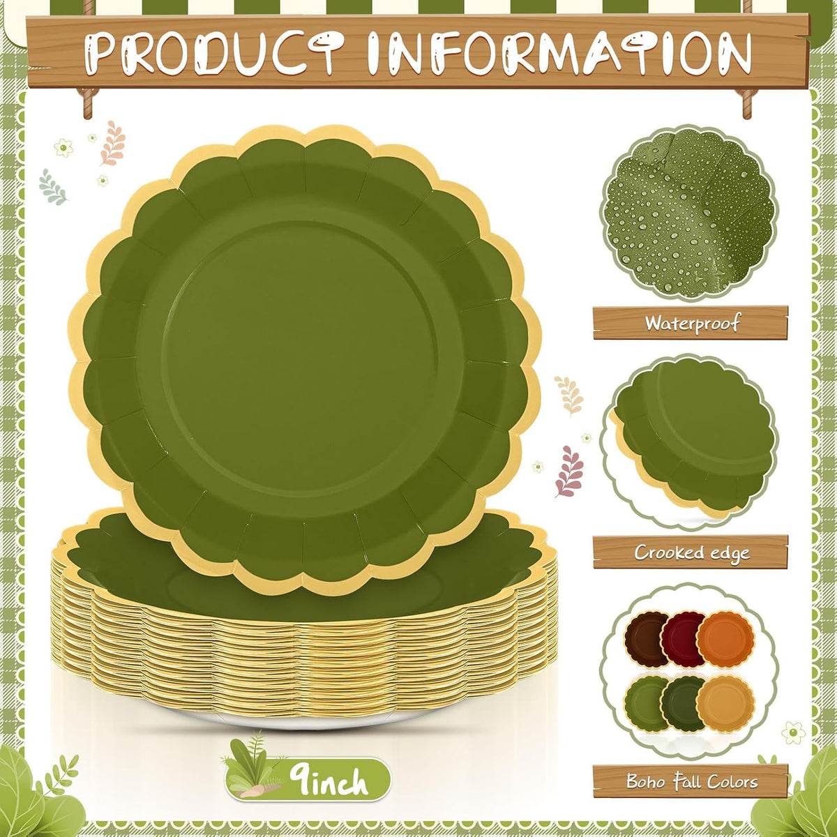 48 Pcs Fall Paper Plates 9 Inch Scalloped Paper Plates
