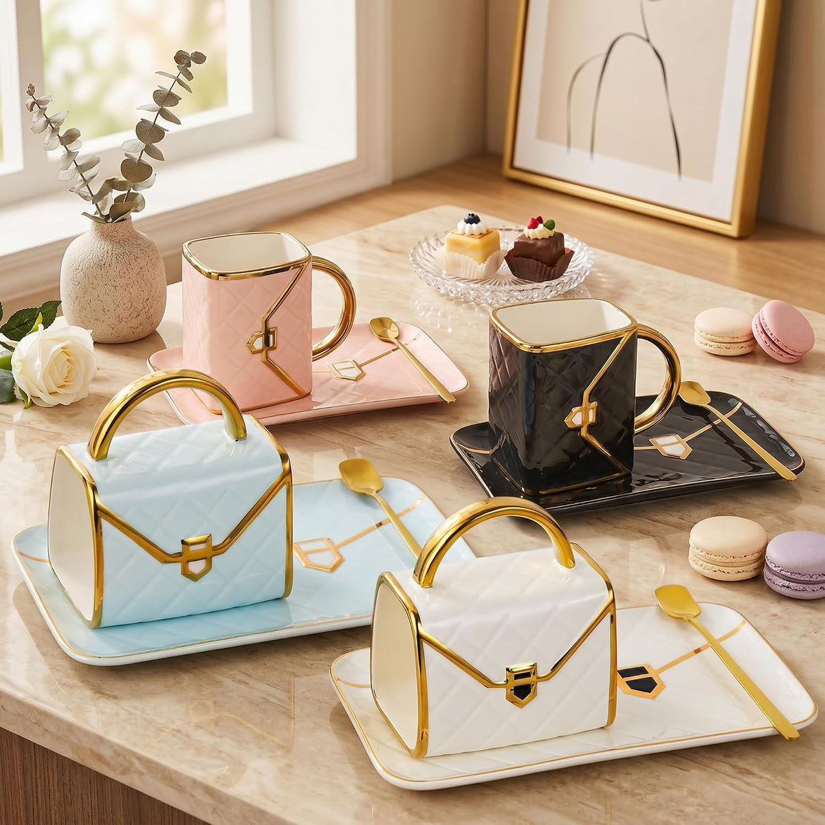Handbag Coffee Mug Set,Four 10 oz Ceramic Cups with Saucers & Spoons