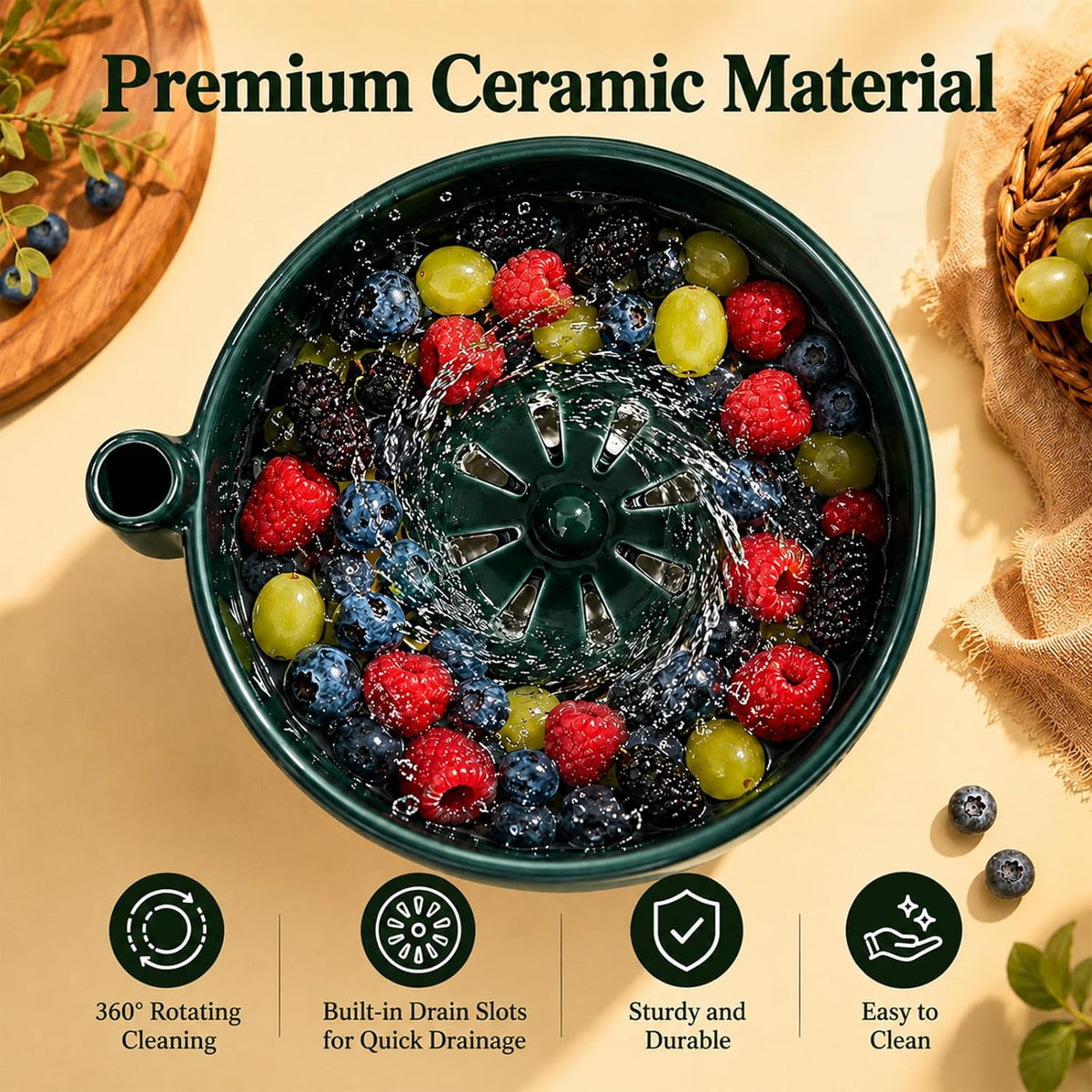 Self Spinning Berry Washing Bowl Ceramic with Drain Holes, Automatic 360° Hydro-Vortex Fruit Washer Bowl, Ceramic Fruit Washing Bowl and Colander Basket for Berries, Small Produce, Table Serving
