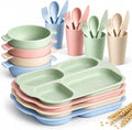 Hlukana 24 Pcs Wheat Straw Dinnerware Cutlery Set, Unbreakable Tableware Set, Including Kids Toddlers Divided Plates, Bowls, Cup, Cutlery Spoons Knifes Forks, BPA Free, Microwave Dishwasher Safe