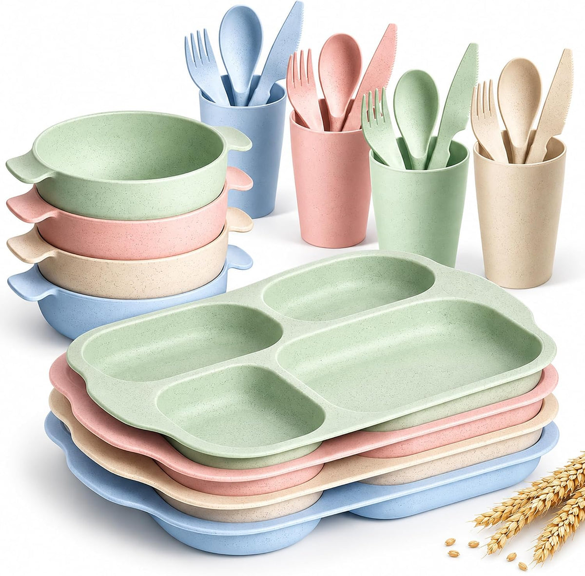 Hlukana 24 Pcs Wheat Straw Dinnerware Cutlery Set, Unbreakable Tableware Set, Including Kids Toddlers Divided Plates, Bowls, Cup, Cutlery Spoons Knifes Forks, BPA Free, Microwave Dishwasher Safe