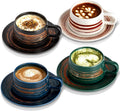 YUN TAO 8 oz Stoneware Cappuccino Cups with Saucers, Set of 4, European‑Style Small Coffee Mugs for Latte Art