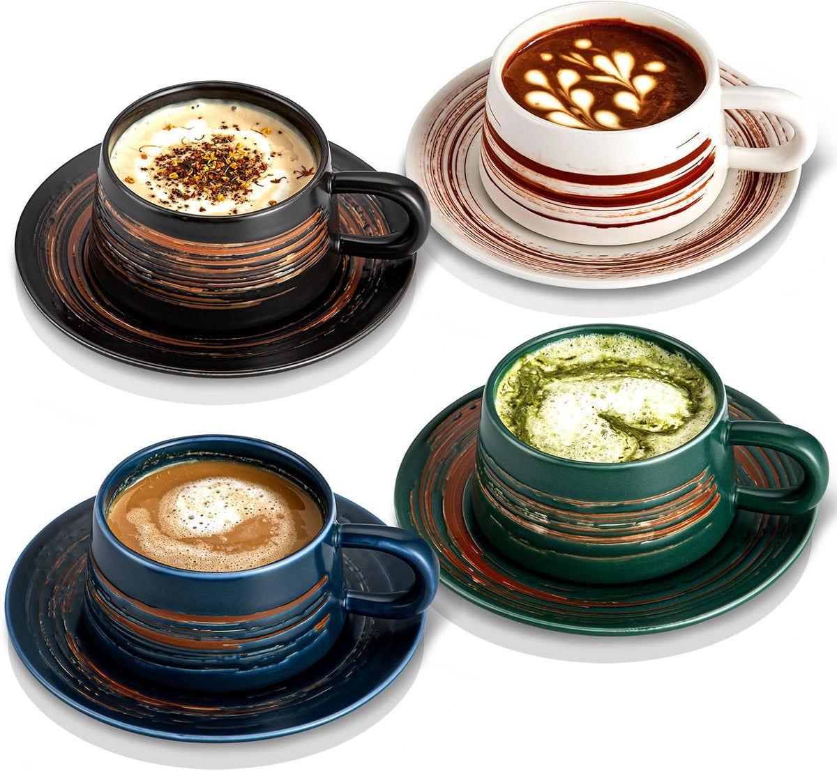 YUN TAO 8 oz Stoneware Cappuccino Cups with Saucers, Set of 4, European‑Style Small Coffee Mugs for Latte Art