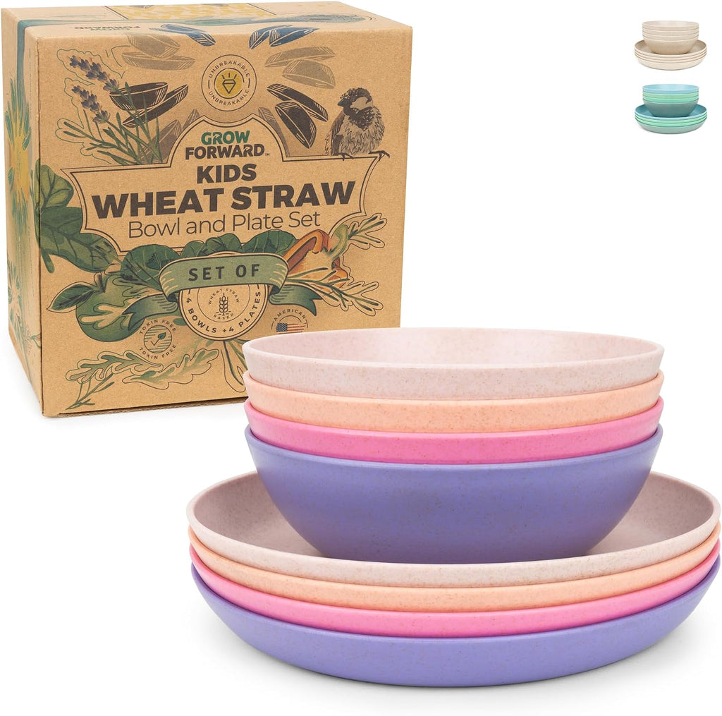 Grow Forward Wheat Straw Kids Plates and Bowls Sets - 8-Piece Unbreakable Dishwasher & Microwave Safe Plastic Plates for Kids - Reusable Non Toxic BPA-Free Dinnerware for Children - Floral