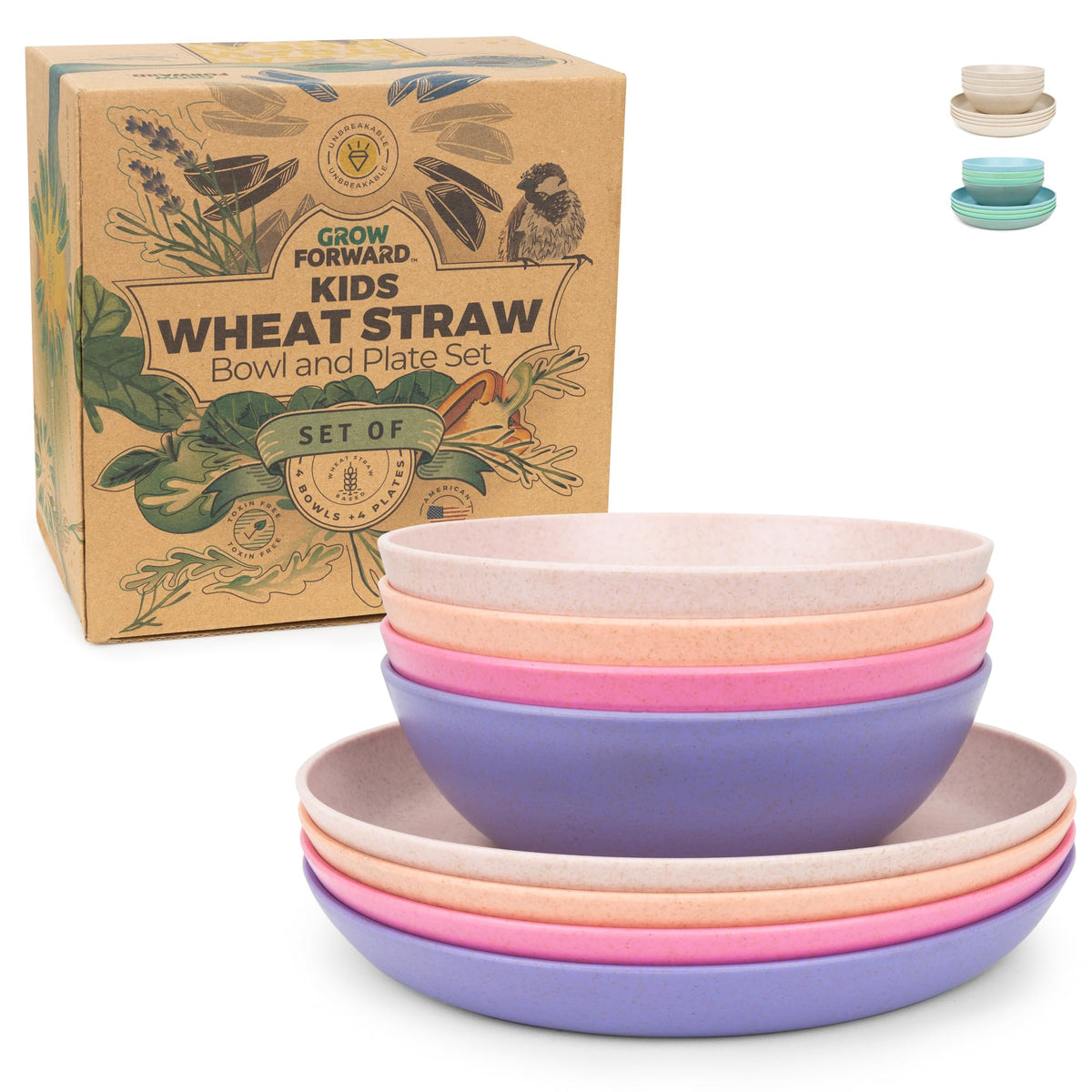 Grow Forward Wheat Straw Kids Plates and Bowls Sets - 8-Piece Unbreakable Dishwasher & Microwave Safe Plastic Plates for Kids - Reusable Non Toxic BPA-Free Dinnerware for Children - Floral