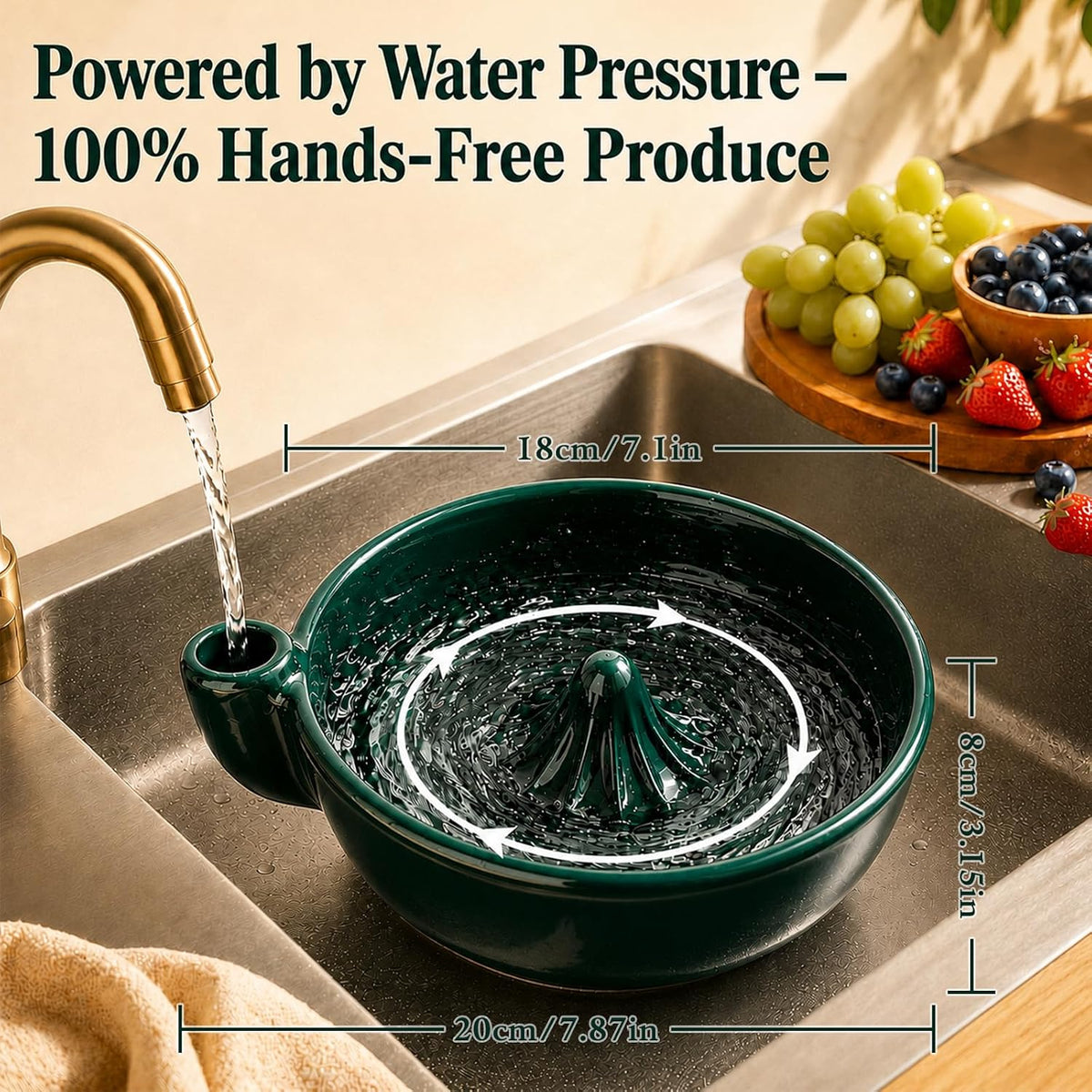 Self Spinning Berry Washing Bowl Ceramic with Drain Holes, Automatic 360° Hydro-Vortex Fruit Washer Bowl, Ceramic Fruit Washing Bowl and Colander Basket for Berries, Small Produce, Table Serving